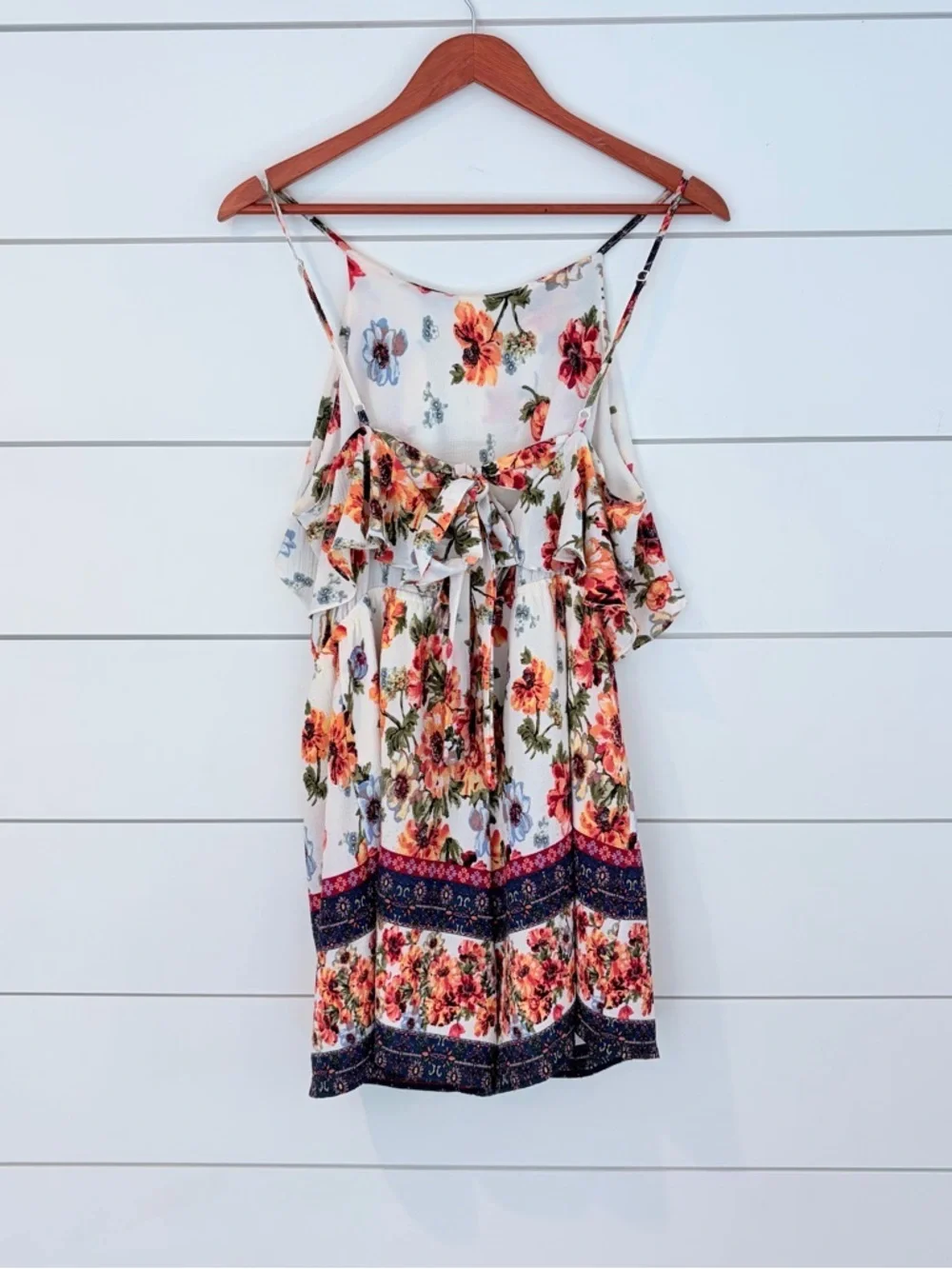 Blue Rain Floral Ruffle Romper Boho Cottagecore Tie Back Prairie Girl Summer M